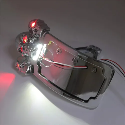 Vista 9 de Soporte de placa de matrícula de montaje lateral de curva cromada con luz trasera LED de calavera 7/8 "1" eje [P/N: USMT301A-S-CD] Cromo