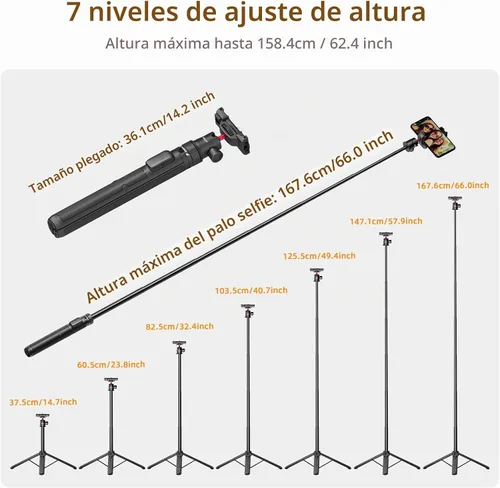 Vista 2 de Trípode para selfie stick de 66 pulgadas para GoPro y teléfono, trípode extensible para cámara de acción con cabeza de bola de 360°, control remoto