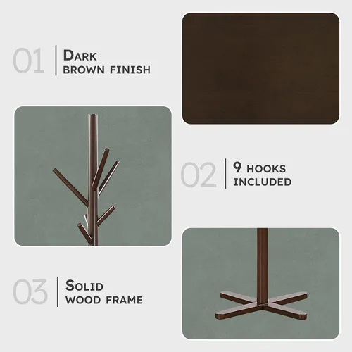 Vista 2 de Lexicon Perchero resistente de madera maciza con 9 ganchos para colgar para sombreros, bufandas, bolsos, perchero de madera de 3 niveles para árbol