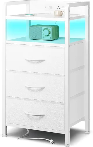 Vista 9 de Lazzanto Mesita de noche para dormitorio, mesita de noche con estación de carga y tira de luz LED, mesita de noche con estante de almacenamiento y 2