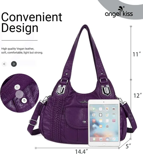 Vista 2 de Angelkiss - Bolsos y bolsos de mano para mujer, de cuero vegano lavado, bolso cruzado estilo hobo