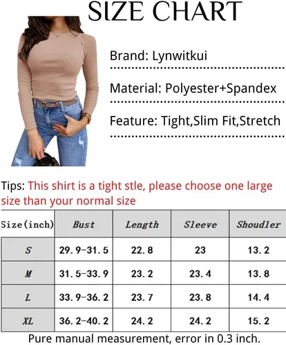Vista 4 de Lynwitkui Blusa de manga larga para mujer, elástica, entallada, acanalada, con corte liso, básica