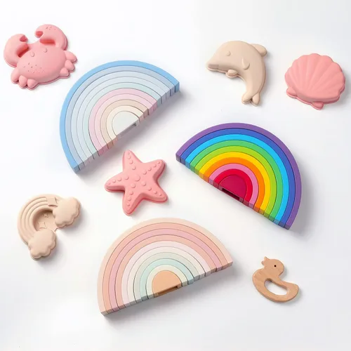 Vista 5 de MCGMITT Juguete apilable de arcoíris, apilador de arcoíris de silicona para niños pequeños, bloques de anidación Montessori, juego de juguetes a Rosa