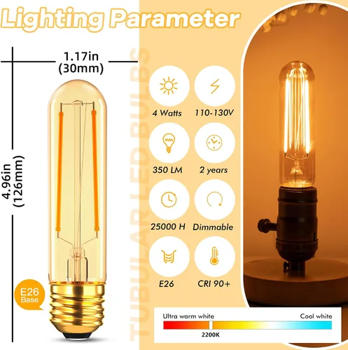 Vista 2 de Bombillas tubulares regulables E26 de 40 W, bombillas LED T10 de 4 W, 2200 K, blanco suave tipo T Bulbo sin parpadeo, para lámpara de araña