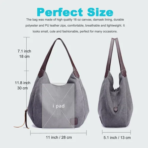 Vista 5 de DOURR Bolso de hombro con múltiples bolsillos para mujer, bolso de lona de algodón de moda