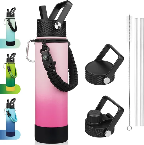 Vista 34 de BJPKPK - Botella de agua con tapa de popote, botellas de agua aisladas de 18 onzas con 3 tapas, asa de cuerda de paracaídas y base antideslizante
