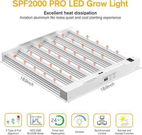 Vista 5 de 2024 Nuevo SPF2000 PRO Luz LED de 200W para Cultivo 3x3 pies de Cobertura con Temporizador y Atenuador para Plantas de Interior en Fase Vegetativa
