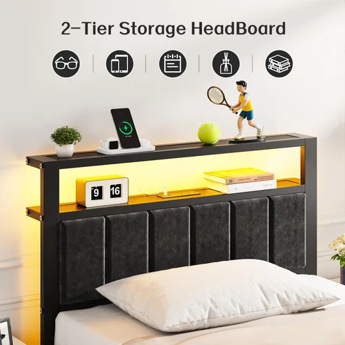 Vista 3 de OLEVS Base de cama individual con luces LED y salidas USB, cama individual de plataforma con cabecera de almacenamiento, no necesita somier, fácil
