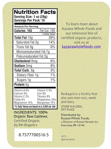Vista 4 de Kazana - Anacardos crudos orgánicos enteros 16 oz (454 g), sin sal, apto para dieta cetogénica