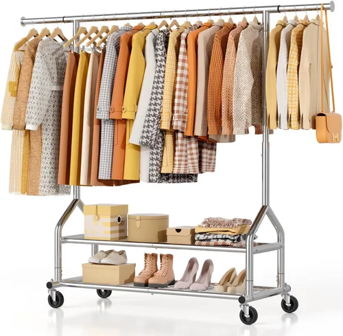 Vista 8 de EAGMAK Perchero de ropa resistente con capacidad de carga de 192 kg, perchero enrollable con estantes, colgador de ropa ajustable de metal