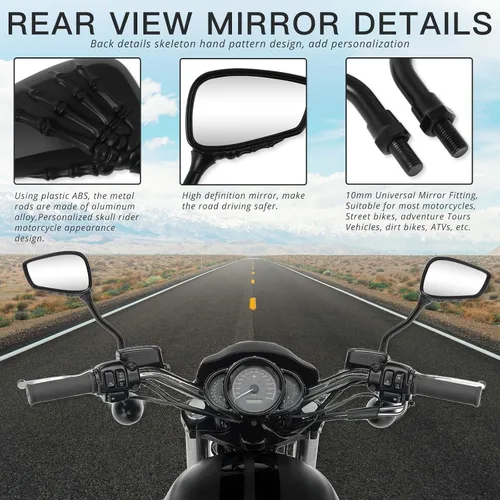 Vista 4 de DREAMIZER Espejos de motocicleta Black Skull para manillar – Espejos laterales retrovisores de 0.315 in y 0.394 in para Shadow Spirit 750 Aero Grom