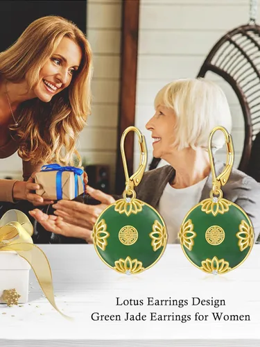 Vista 3 de HPQQ Aretes de jade para mujer, diseño de loto, trébol, rosa, girasol, colibrí, libélula, brújula, árbol de la vida, chapado en oro de 14 quilates