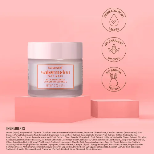 Vista 6 de NATURE WELL Mascarilla facial de sandía, enriquecida con agua hidratante de fruta de sandía y escualano derivado de plantas, promueve una tez