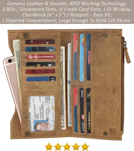 Vista 2 de Mou Meraki Cartera larga con bloqueo RFID de cuero genuino - Vintage Bifold para hombres