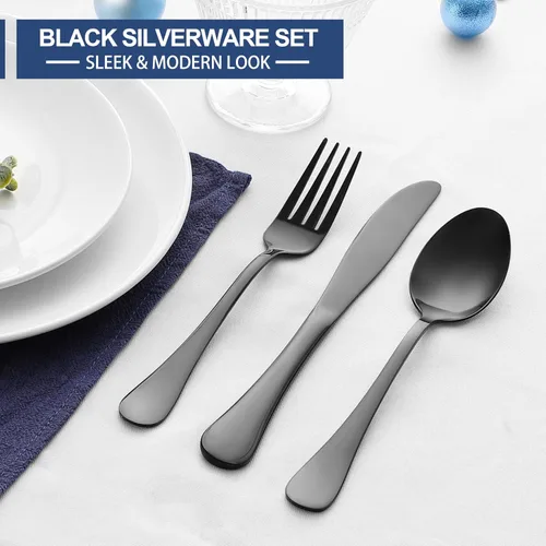 Vista 5 de E-far Juego de cubiertos negros de 24 piezas con cuchillos para carne, cubiertos de acero inoxidable para 4, modernos juegos de utensilios de metal