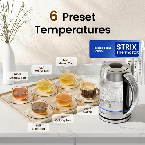 Vista 8 de TOPZEE Hervidor eléctrico de vidrio de 1.7L para café y té, caldera de agua caliente con 6 temperaturas preestablecidas, función de mantener