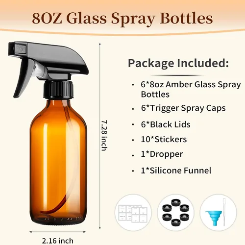 Vista 2 de Vitreaux Paquete de 6 botellas de spray de vidrio ámbar de 8 onzas, botellas de spray de vidrio recargables con boquilla ajustable, botella de spray