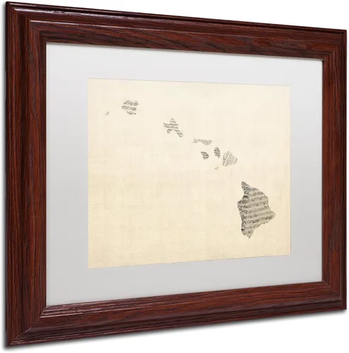 Vista 2 de Old Partituras Map of Hawaii de Michael Tompsett, blanco mate, marco de madera de 11 x 14 pulgadas