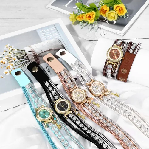 Vista 6 de Avaner Reloj de pulsera bohemio para mujer, reloj de cuero multicapa, reloj de cuarzo con diamantes de imitación para mujer