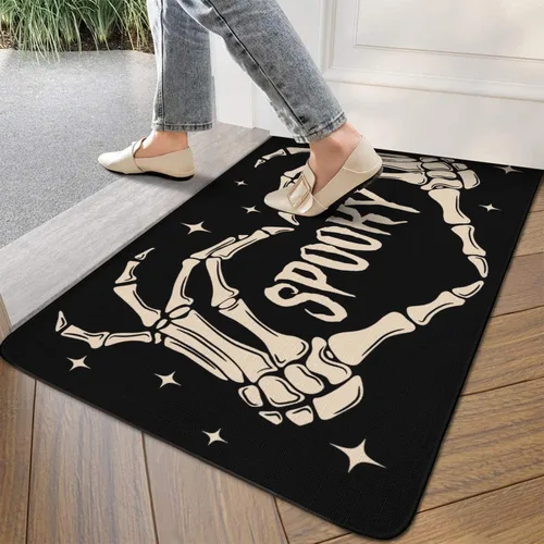 Vista 4 de Tapete de bienvenida para puerta de Halloween, divertido esqueleto para decoración del hogar, antideslizante, para interiores y exteriores, 17 x 30