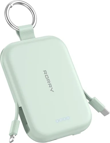 Vista 12 de RORRY Cargador portátil, batería externa de 5000mAh con cables incorporados, paquete de batería de llavero de viaje para iPhone 17/16/15/14/13/12