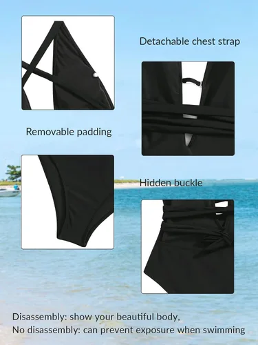 Vista 3 de SweatyRocks - Traje de baño entero, traje de baño sexy para mujer, con tirantes cruzados, nudo frontal y escote profundo en V, traje de baño de 1