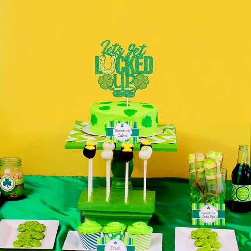 Vista 6 de Juego de 1 palillos para tartas de trébol, decoración de trébol con purpurina verde dorada para cumpleaños, baby shower, suministros de fiesta