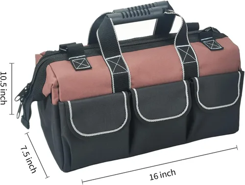 Vista 2 de Garden Tools Bag 16 Inch Wide Mouth Tool Bag with Molded Base and Plastic-Padded Inside Pockets for Tool Storage, 600D Polyester Fabric, Brown