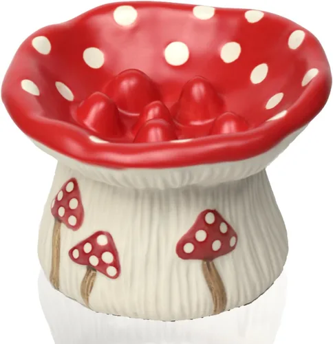 Vista 9 de Alimentador lento de cerámica para gatos, Tazón elevado de comida con forma de hongo lindo, Plato elevado poco profundo para gatos, Cuencos