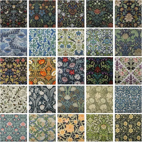 Vista 7 de 25 cuadrados de tela de algodón William Morris, 10 x 10 pulgadas, diseño Algodón precortado, 25 patrones florales vintage surtidos, para acolchar