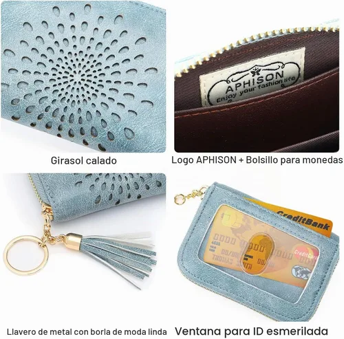 Vista 4 de APHISON RFID - Porta tarjeta de crédito con cremallera, llavero, cartera pequeña para mujer, Moderno 0-3AZUL (cremallera simple)
