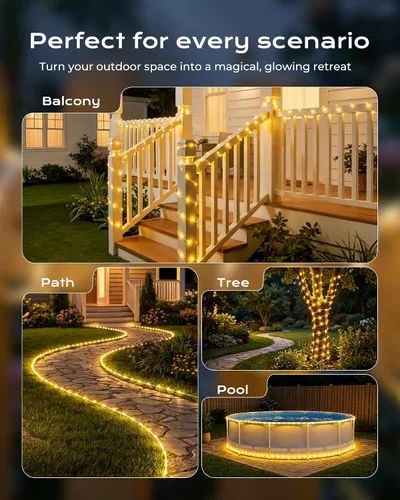 Vista 7 de Brightown Guirnalda de luces solares, 1 paquete de 100 luces LED de color blanco cálido de 39 pies para exteriores, IP65, impermeable, funciona