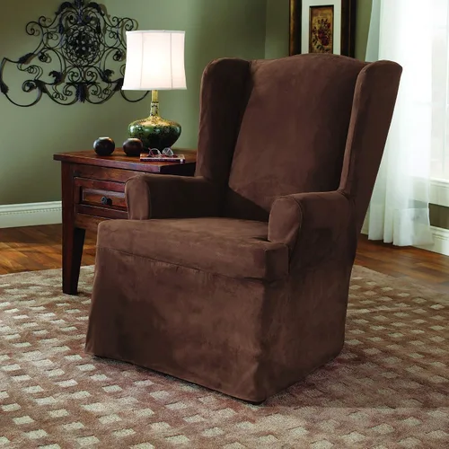 Vista 2 de SURE FIT funda para silla con alas y cojín en T de gamuza suave, de una pieza, ajuste relajado, poliéster, lavable a máquina, color chocolate