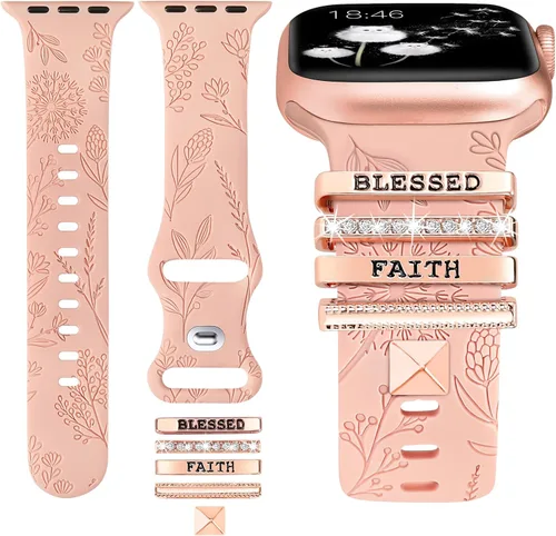 Vista 8 de Minyee Compatible con Apple Watch Banda con Encantos para Mujeres 41mm 40mm 38mm 42mm 44mm 45mm 49mm Anillos Decorativos en Forma de Flor