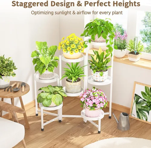 Vista 7 de LASZOLA Soporte para plantas de 7 niveles plegable alto para interior con múltiples macetas grandes, estante de flores ajustable de metal resistente