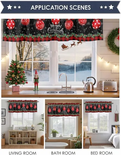 Vista 35 de Cenefa de cortina con lazo rojo de Navidad para ventanas, sala de estar, cocina, baño, granja, bolas de Navidad de acuarela con diseño de bayas
