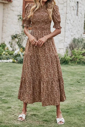 Vista 119 de BTFBM Vestidos para mujer, cuello redondo, casual, de verano, con volantes, manga corta, bohemio, con niveles, fruncido, largo, con estampado floral