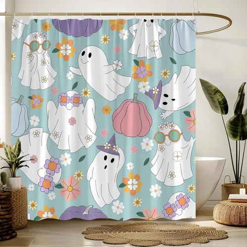 Vista 3 de Halloween Ghost Shower Curtain Spooky Cute 70s Retro Hippie Daisy Funny Bathroom Decor Curtain with Hooks,Blue White