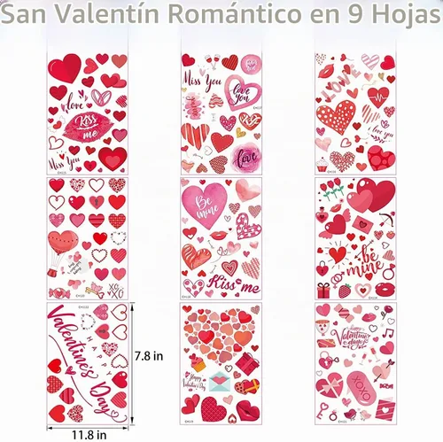Vista 2 de 218 unidades de calcomanías para ventana de San Valentín, corazón de San Valentín, decoración de ventanas de vidrio, 9 hojas