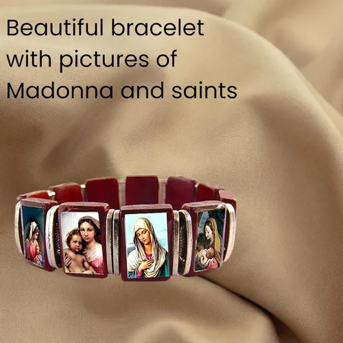 Vista 4 de Catholica Shop Madonna Images - Pulsera devocional elástica de madera. Ropa católica para mujer. Hecho en Brasil