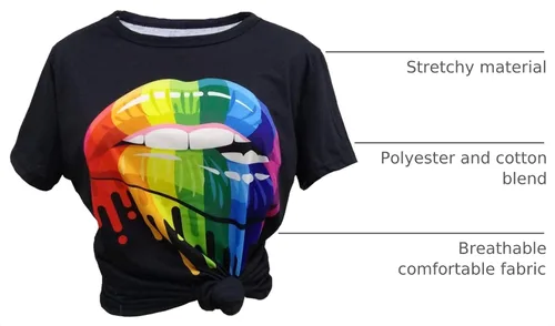 Vista 4 de Camiseta de los años 80 con estampado de labios de color casual para mujer, camisetas de verano de manga corta con gráfico divertido Negro