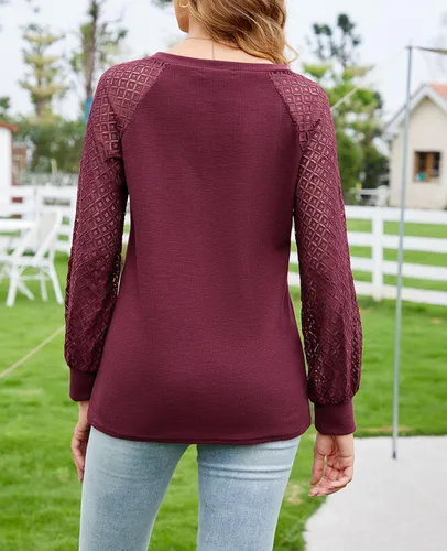 Vista 3 de MINTLIMIT Blusa de manga larga con encaje para mujer, estilo informal, elegante, de verano, holgada, de punto, cuello en V, sin botones