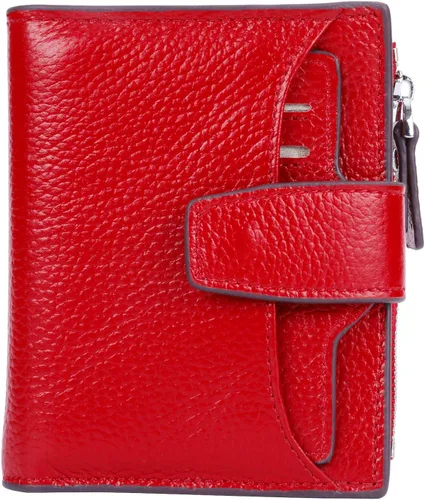 Vista 25 de Cartera de cuero con bloqueo RFID para mujer, pequeña, compacta, doble cremallera, con ventana para identificación