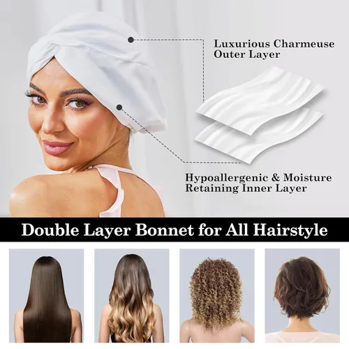 Vista 77 de Gorro de satén de seda ajustable para envolver el cabello para dormir, gorro de dormir de doble capa, turbante nocturno para cabello largo y rizado
