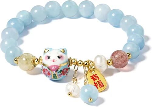 Vista 6 de Pulsera de gato de la suerte con cristal azul, colgante de gato de cerámica, joyería de buena suerte Feng Shui para mujer, pulsera de riqueza