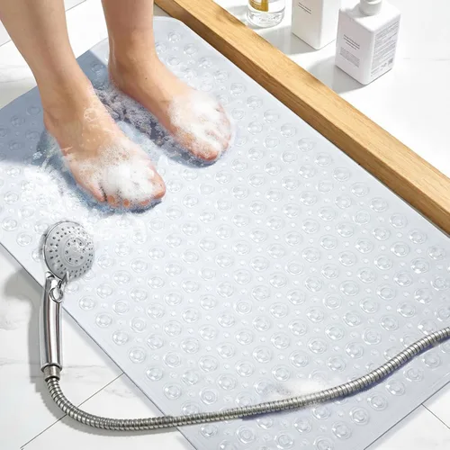 Vista 27 de Tapete de ducha negro antideslizante de 17 x 30 pulgadas, tamaño estándar, tapete de baño de burbujas suaves para ducha interior, tapete de baño