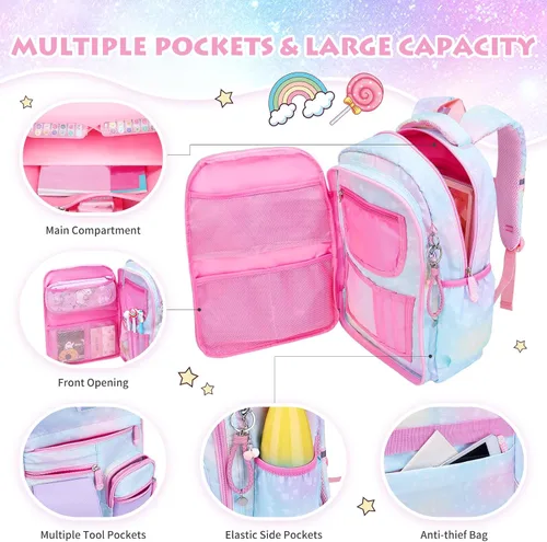 Vista 4 de Mochila para niñas, mochilas escolares de 16 pulgadas para niñas, bonita bolsa de libros para niñas, niños, estudiantes, escuela primaria, Azul