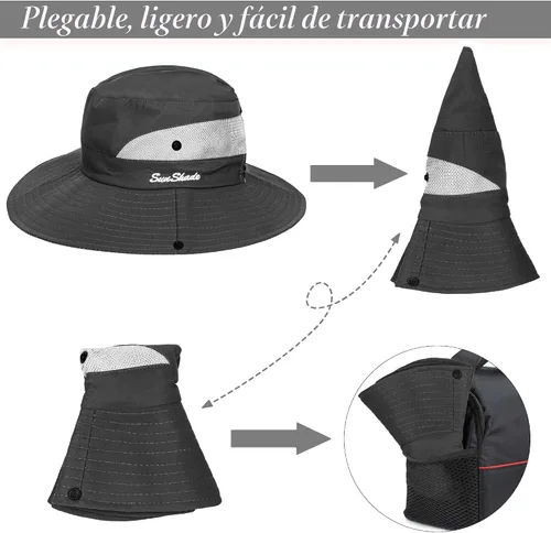 Vista 3 de Sombreros de mujer al aire libre con protección UV plegables de malla de ala ancha para playa y pesca con agujero para coleta Gris oscuro