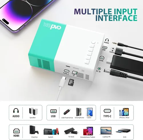 Vista 3 de Proyector Mini Portátil para Películas al Aire Libre, Proyector de Video LED Pico para Proyectores de Películas de Cine en Casa, Compatible