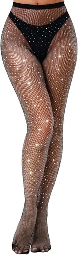 Vista 7 de VEBZIN Medias de red brillantes y sexys con joyas de cintura alta para mujer, medias de red con diamantes de imitación para fiesta